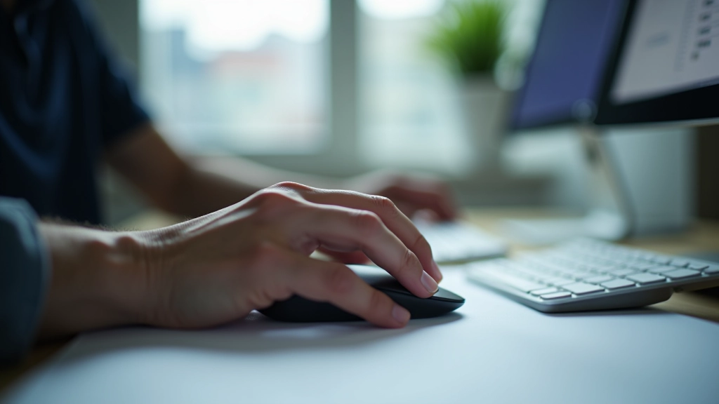 Close-up of designer's hand moving mouse cursor over interactive button on monitor, showing visual feedback response