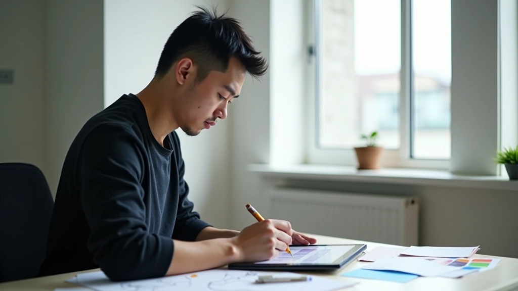 Designer sketching interaction flows on tablet with stylus pen in modern studio workspace