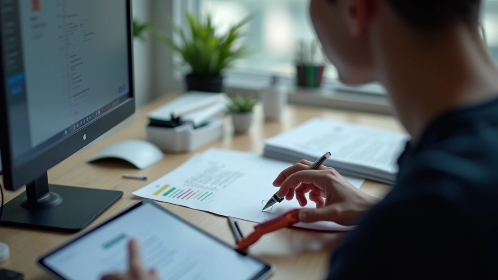 Designer reviewing form validation animations on tablet, sketches and notes visible, focused work environment